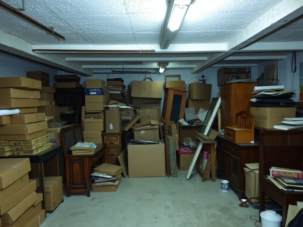A cluttered basement filled with old furniture and boxes, ready for disposal by Ruk Reinigungs- & Entrümpelungsservice. The image should convey a sense of overwhelming clutter before the service.