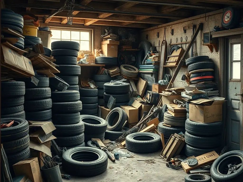A cluttered garage filled with old tires, tools, and various unwanted items, ready for disposal by Ruk Reinigungs- & Entrümpelungsservice. The image should convey a sense of overwhelming clutter before the service.
