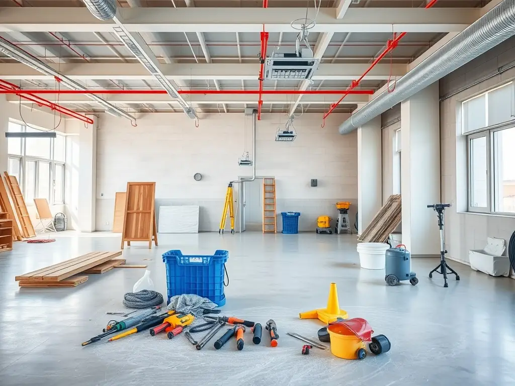 A construction site after a thorough cleaning, showing cleared debris, spotless floors, and a safe, ready-to-use space.