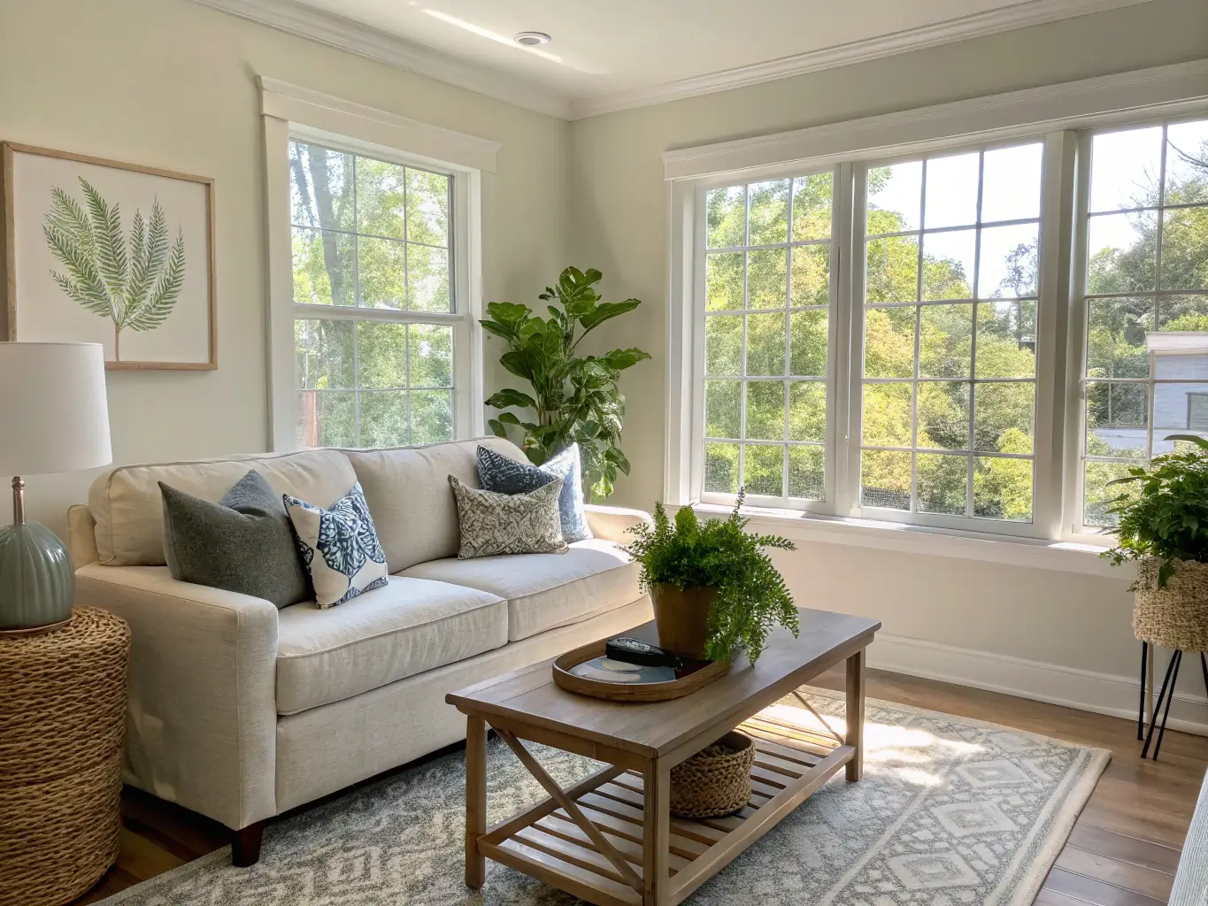 A bright and clean living room after a professional cleaning service, showcasing spotless surfaces and organized furniture.