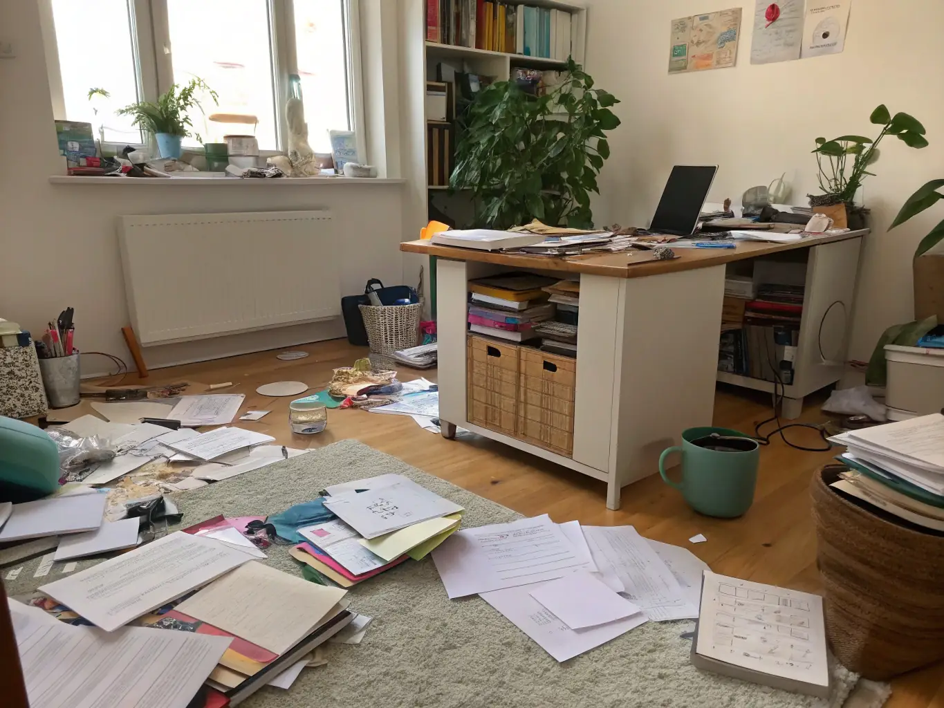 An office space filled with old documents, broken furniture, and outdated equipment, ready for disposal by Ruk Reinigungs- & Entrümpelungsservice. The image should convey a sense of overwhelming clutter before the service.