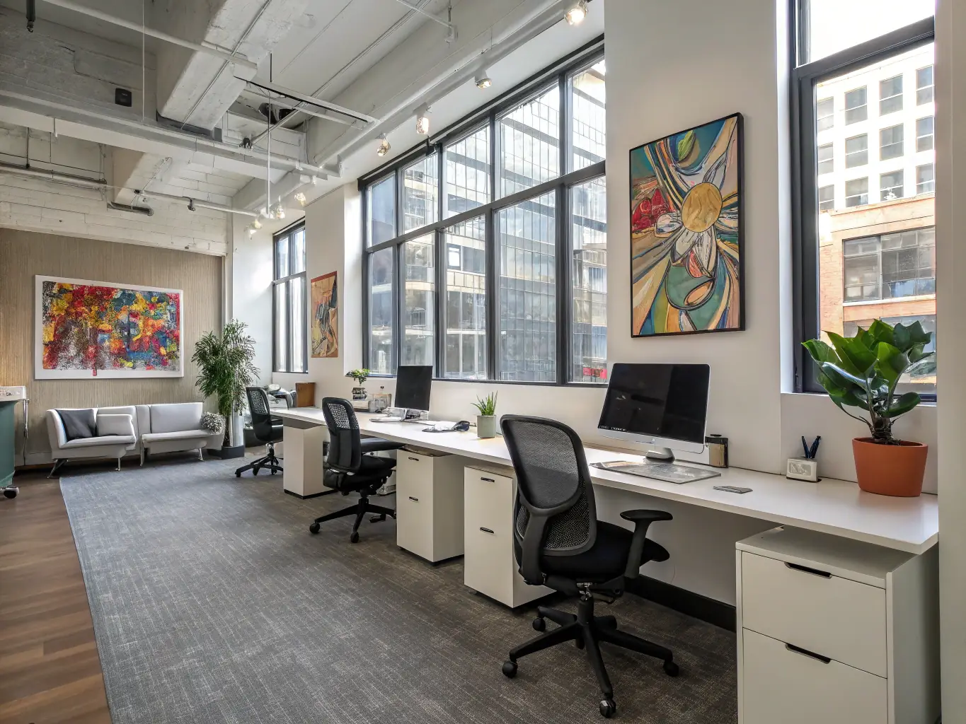 A modern and tidy office space, highlighting clean desks, organized workstations, and a fresh, inviting atmosphere.